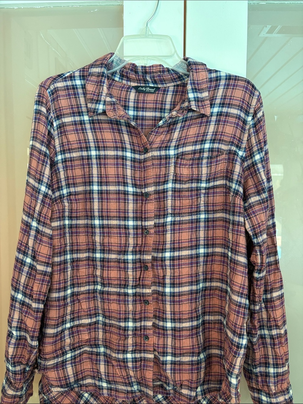 Lucky Brand salmon and Navy Plaid Button-Down flannel